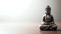 Bronze Buddha statue in meditation pose on wooden surface with neutral background for mindfulness and spiritual wellness concepts.