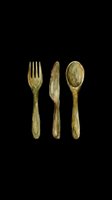 Watercolor cutlery set with fork, knife, and spoon in olive green tones, isolated on transparent background. Great for kitchen clipart, stickers, and t-shirt design.
