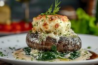 Grilled portobello mushroom topped with creamy crab cake, fresh herbs and spinach on white plate with sauce, close up view of gourmet restaurant dish.