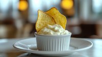 Creamy white dip or sauce served in small ceramic ramekin garnished with golden potato chip, soft bokeh background creates appetizing mood for restaurant menu.