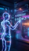 Futuristic holographic human figure interacting with AI assistant interface in high-tech digital environment with glowing blue and purple neon lights.