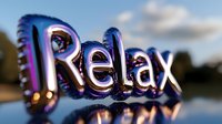 Metallic chrome letters spelling relax with neon purple and blue reflections against blurred nature background, modern typography for wellness concept.