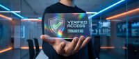 Digital security shield with verified access checkmark floating above businessman hand in futuristic data center environment for cybersecurity concepts.