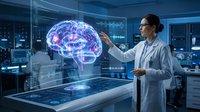 Female scientist in white lab coat examining holographic brain model in futuristic medical laboratory with digital displays and advanced technology equipment.