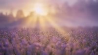 Lavender field at sunrise with golden sunbeams breaking through morning mist creating dreamy purple landscape for wellness and aromatherapy concepts.