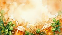 Fresh beer with foam and hops on watercolor background for Oktoberfest celebration and brewing industry promotional materials.