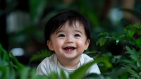 Happy Asian toddler with bright smile and natural expression surrounded by green foliage in outdoor setting, wearing white shirt, capturing pure joy and childhood innocence.