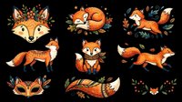 Cute fox character collection with autumn leaves and nature elements, isolated on transparent background. Ready for t-shirt design, clipart, stickers, sublimation, print-on-demand products and digital crafts.