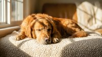 Golden retriever resting on beige carpet in sunlit room near window. Dog lying down indoors for pet care, relaxation, and home lifestyle concepts.