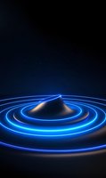 Glowing blue neon circles ripple outward from central peak against dark background, creating futuristic abstract pattern with dynamic light trails.