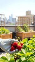 Hand in white glove holding fresh red strawberries on urban rooftop garden with city skyline and wooden planters in background, sustainable farming.