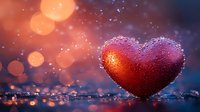Red heart shape with water drops against dark blue background with magical bokeh lights and sparkles creating romantic Valentine's Day atmosphere.