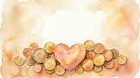 Watercolor heart surrounded by golden coins on soft beige background. Financial love concept for Valentine's Day, wedding planning, investment romance themes.