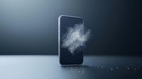 Smartphone screen shattering into particles and dust against dark background, dramatic lighting creates moody atmosphere for technology concept visualization.