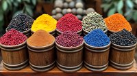 Colorful spices and seasonings in wooden barrels at market display, vibrant peppercorns and ground powders arranged in rustic containers, culinary ingredients.