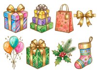 Colorful gift boxes with golden bows, festive balloons, holly leaves, and a decorated stocking isolated on white background. Perfect for holiday designs, greeting cards, and seasonal marketing materials.