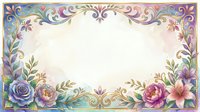 Watercolor floral frame with roses, peonies, and golden ornaments in soft purple and blue tones, with blank center space for text or design.