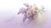 Elegant bridal bouquet with soft pink roses and purple lilac flowers on dreamy pastel background for wedding photography and romantic design projects.