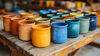 Colorful ceramic pots arranged in rows on wooden shelf, featuring vibrant yellow, blue, orange and turquoise glazed finishes. Artisanal pottery collection shows handmade craftsmanship.