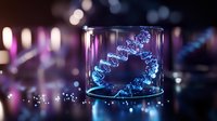 Glowing DNA helix structure in glass cylinder with purple and blue neon lights, bokeh effect background creates futuristic scientific atmosphere.