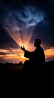 Silhouette of man praying at sunset with dramatic sky and sunbeams breaking through clouds, spiritual moment in nature captured against orange horizon.