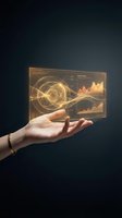 Hand holding holographic data visualization with glowing charts and graphs floating above palm against dark background for business analytics presentations.
