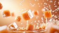 Caramel candy cubes splashing in water with droplets creating dynamic motion against warm golden background.