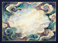 Ornate cloud frame with swirling decorative border in blue and gold tones, celestial sky background for luxury design projects and elegant presentations.