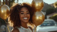 Young African American woman with natural curly hair smiling brightly while holding golden balloons outdoors during golden hour, expressing joy and celebration.