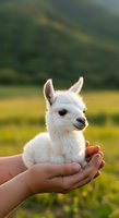 White baby llama held in human hands against blurred green field background. Young alpaca calf in outdoor pastoral setting for animal care and farming concepts.