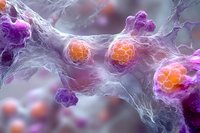 Microscopic view of glowing cancer cells with interconnected fibrous network structures in purple and orange tones against blurred background for medical research visualization.
