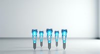 Five blue and gray razors with ergonomic handles arranged in a row on white surface. Suitable for grooming, personal care, and beauty product advertising.