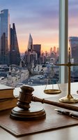 Law office desk with gavel, scales of justice and legal books overlooking city skyline at sunset for legal services and attorney consultation concepts.