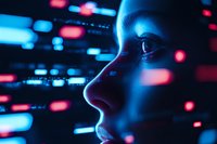 Side profile of young woman illuminated by neon lights against dark background with glowing blue and pink bokeh effects creating futuristic cyberpunk atmosphere.