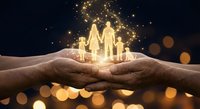 Protective hands holding glowing family silhouettes with sparkling lights against dark background symbolizing care, security and love for home protection.