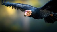 Majestic California condor in flight against blurred natural background, close-up view of head and extended wings showing powerful presence and graceful movement.