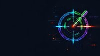 Futuristic digital radar interface with neon circles and data elements on dark background for technology and cybersecurity applications.