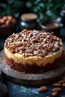 Homemade cheesecake topped with roasted almonds and mixed seeds on dark marble board, dusted with powdered sugar. Moody food photography style.
