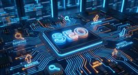 Digital SEO concept with glowing circuit board technology background showing search engine optimization strategies and web analytics data visualization.