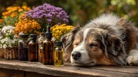 Australian shepherd dog resting on wooden table with essential oil bottles and colorful autumn flowers in background. Natural pet care concept.