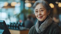 Senior Asian woman with glasses and gray hair smiling warmly while wearing cozy winter scarf and sweater, sitting in modern cafe with soft bokeh background lighting.