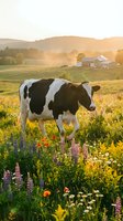 Holstein dairy cow grazing in wildflower meadow at golden hour with farm buildings and rolling hills in background during summer sunset.