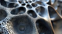 Abstract organic cellular structure with perforated surface showing intricate honeycomb-like patterns in metallic gray tones, suitable for scientific or architectural backgrounds.
