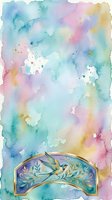 Soft watercolor wash in pastel tones of blue, pink, yellow, and green with organic flowing shapes and white negative space, featuring decorative gold-framed botanical banner at bottom for greeting cards, invitations, and creative design projects.
