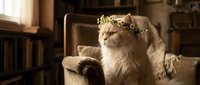Fluffy ginger and white cat wearing a golden flower crown, sitting on a beige armchair in a cozy library room with warm lighting and bookshelves.