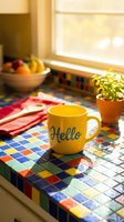 Yellow Hello mug on a colorful mosaic tile kitchen counter with sunlight, plant, and fruit bowl in a warm, cheerful morning setting.