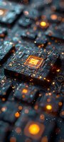 Glowing microchip on circuit board with orange lights and bokeh effects creates futuristic technology mood for computing and AI concepts.