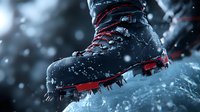 Black mountaineering boot with red laces and crampons covered in snow during winter climb, close-up shot with falling snowflakes in dark moody atmosphere.