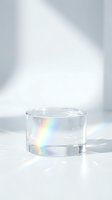 Clear glass filled with water displaying rainbow light refraction effect on white surface with bright natural sunlight and shadows for product photography.