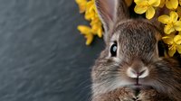 Adorable brown bunny rabbit with yellow spring flowers against dark background. Close up portrait showing fluffy fur and expressive face. Perfect for Easter designs.